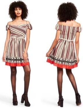 Anna Sui x Target Collab 100% Silk Striped Off Shoulder Silk Mini Y2K Sz M